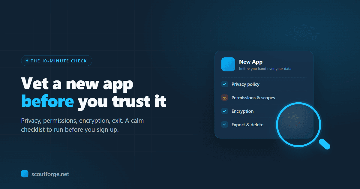 A magnifying glass inspecting a new app, revealing privacy, permissions, security and data-export signals as a checklist
