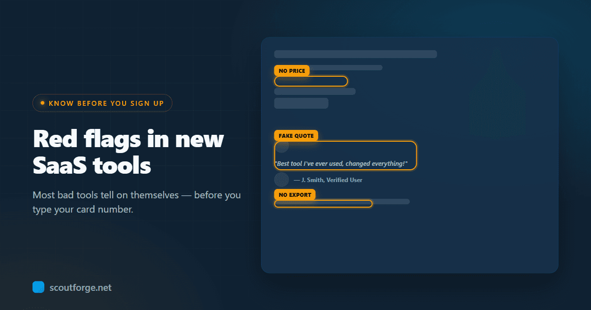 A SaaS landing page with red-flag warning circles over a missing pricing page, a stock-photo testimonial, and a stale changelog