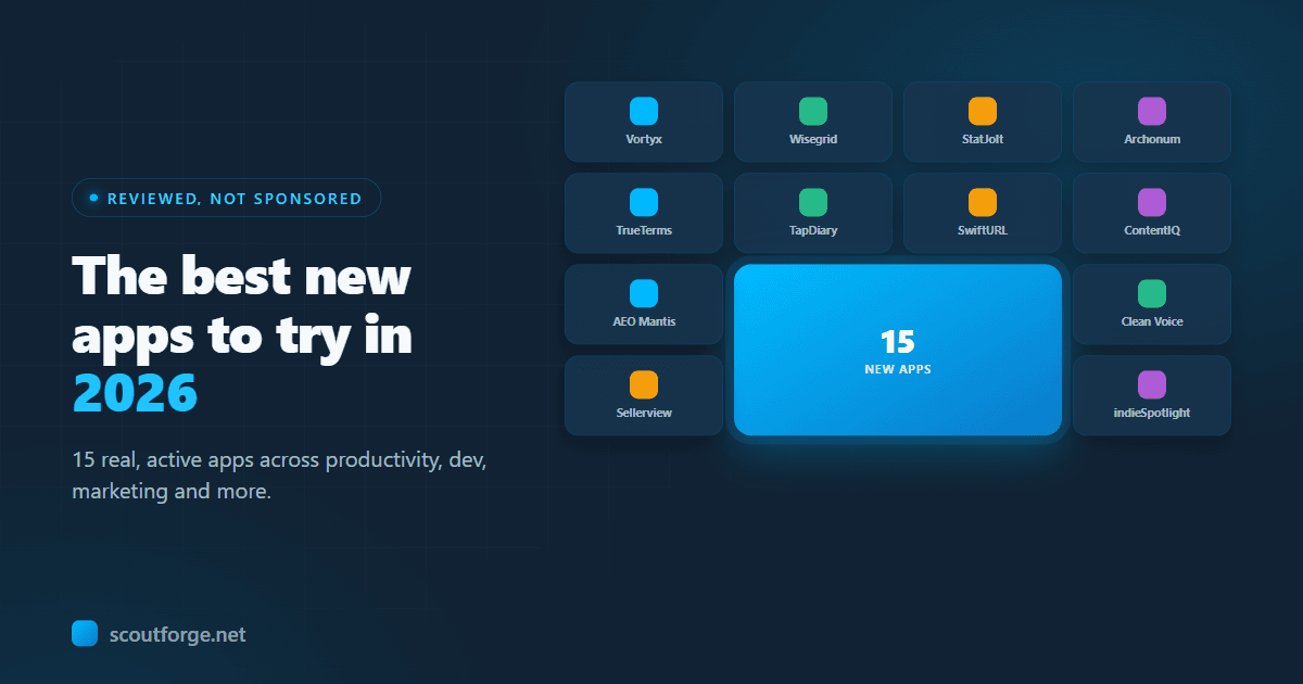 A grid of fifteen new app icons across different categories orbiting a discovery compass mark