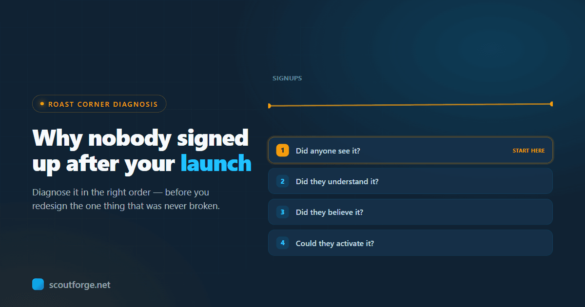 A flat post-launch signup chart with four diagnostic checkpoints — seen, understood, believed, activated — the first one highlighted as the likely culprit