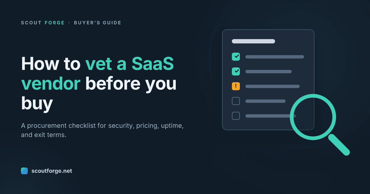 Scout Forge cover reading "How to vet a SaaS vendor before you buy" — A procurement checklist for security, pricing, uptime, and exit terms.