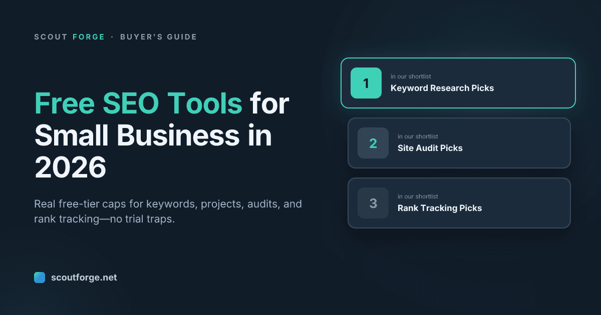 Scout Forge cover reading "Free SEO Tools for Small Business in 2026" — Real free-tier caps for keywords, projects, audits, and rank tracking—no trial traps.