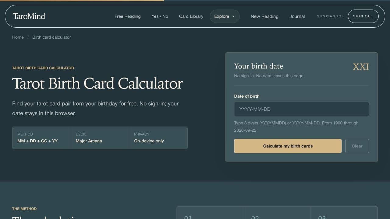TaroMind AI Tarot Birth Card Calculator screenshot 1