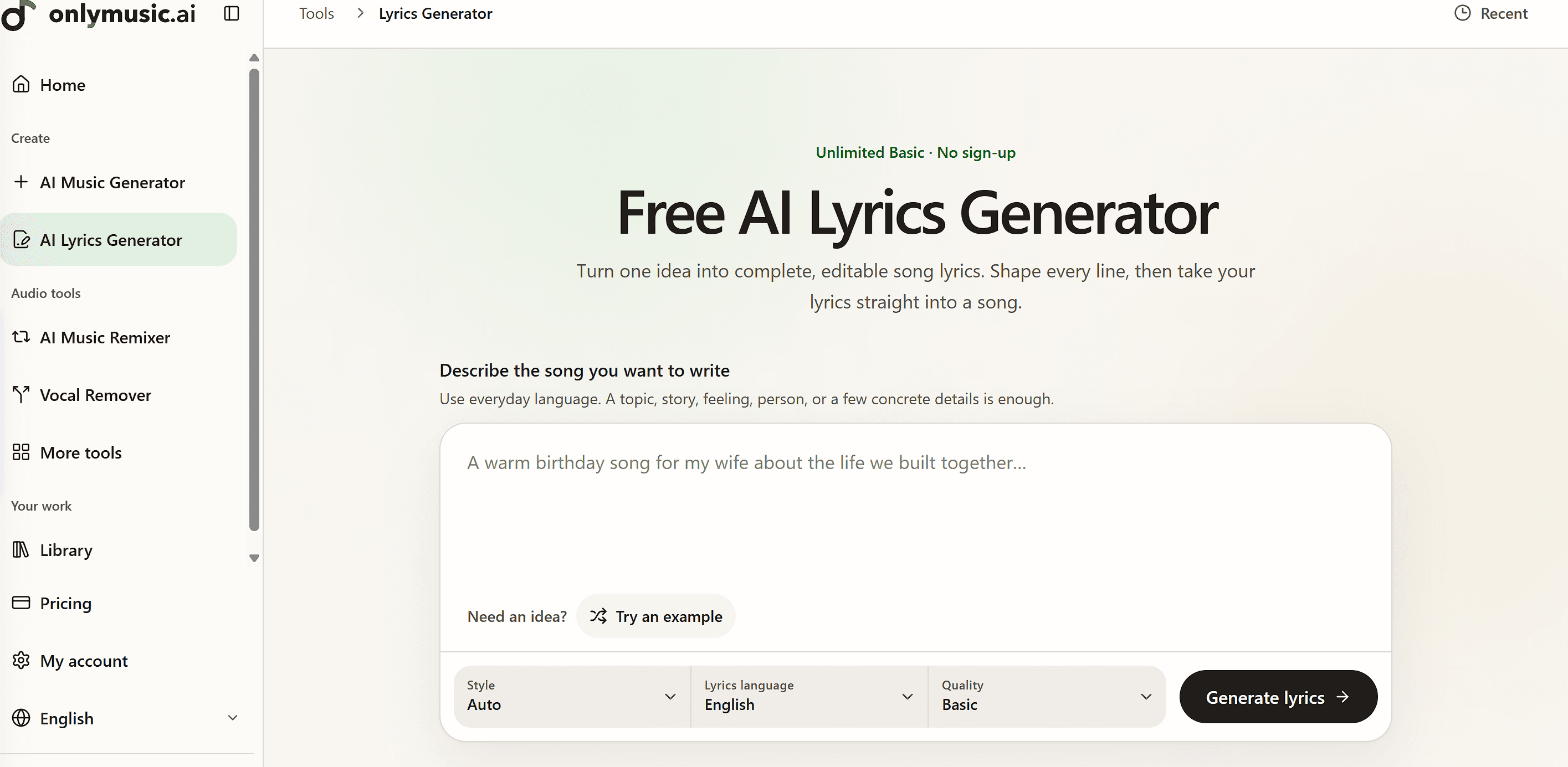 OnlyMusic AI Lyrics Generator screenshot 1