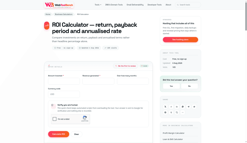 Web Tool Bench ROI Calculator screenshot 1