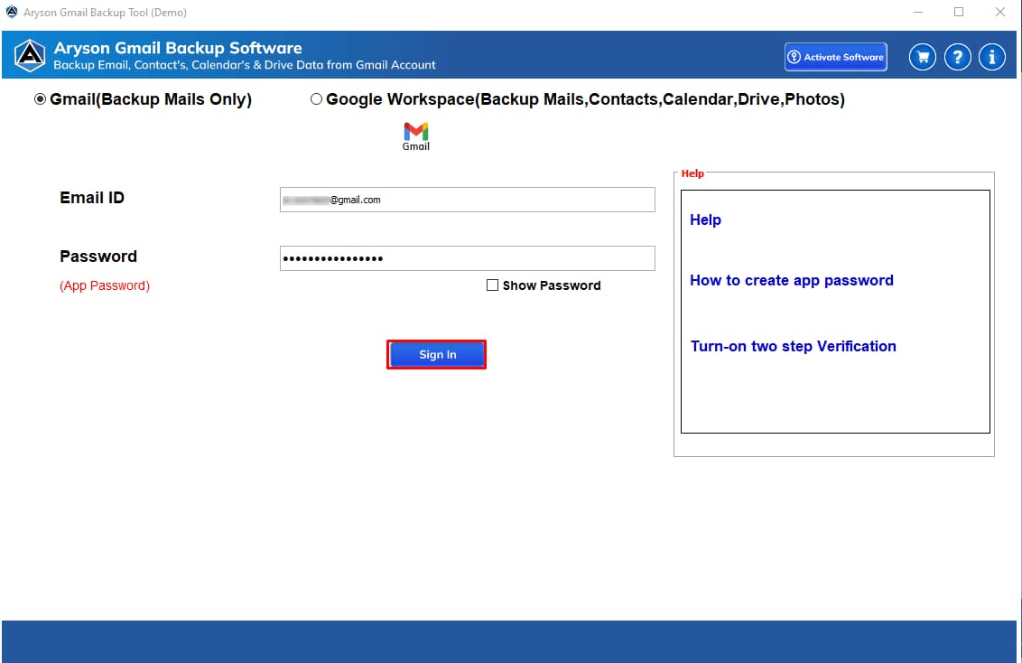Aryson Gmail Backup Tool screenshot 1